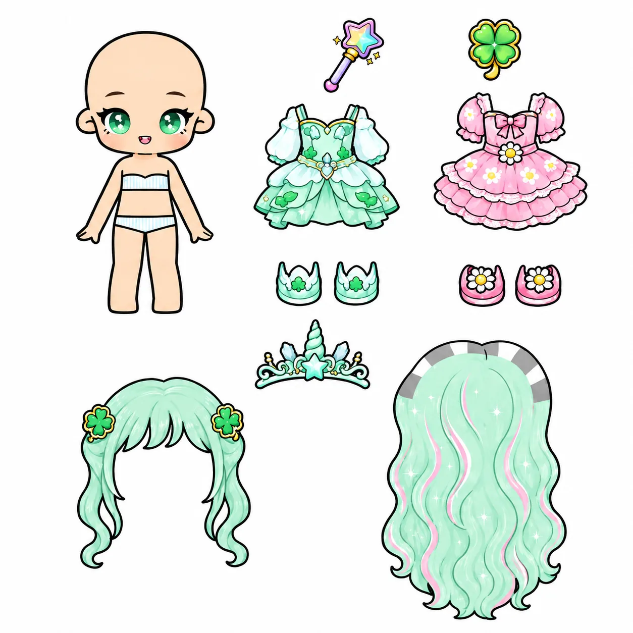 Boneca fada com vestido verde e cabelo mint